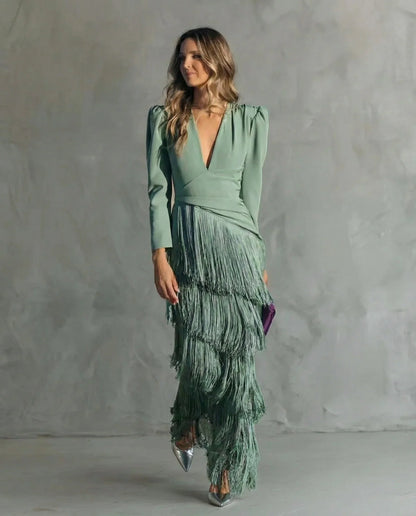 Women's V-neck long sleeve fringe maxi dress with wrap bodice – Light green