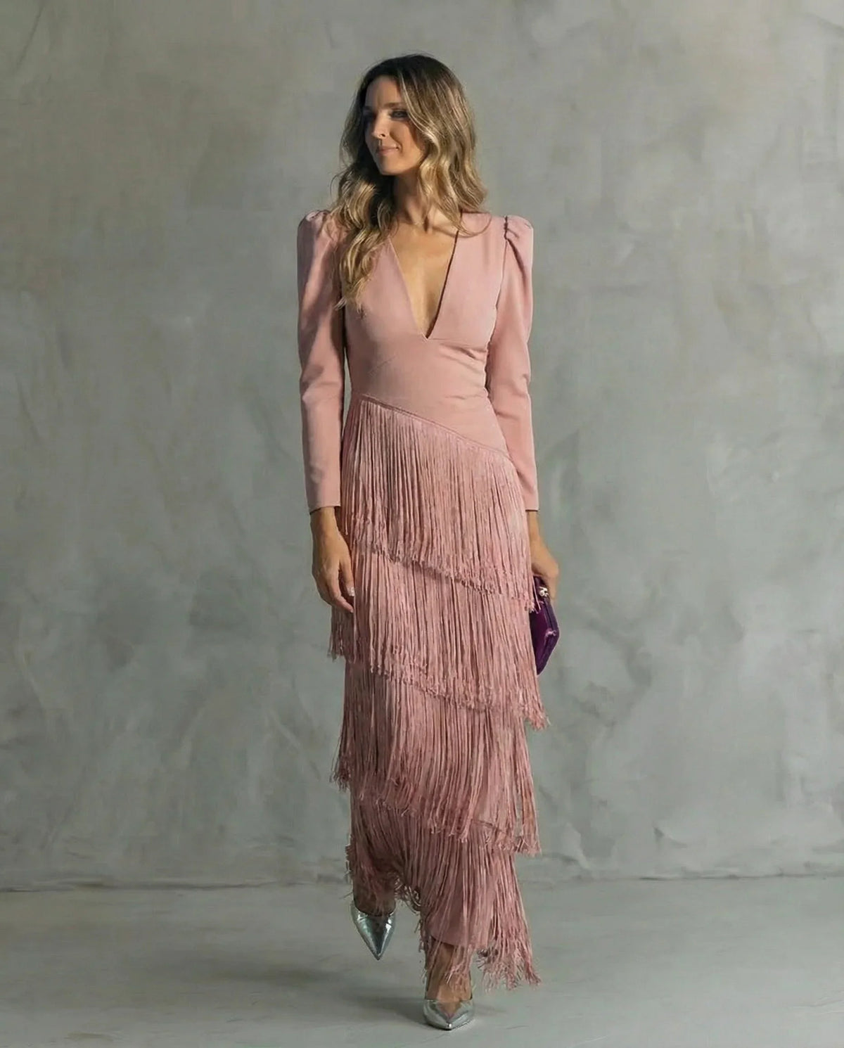 Women's V-neck long sleeve fringe maxi dress with wrap bodice – Lotus root color