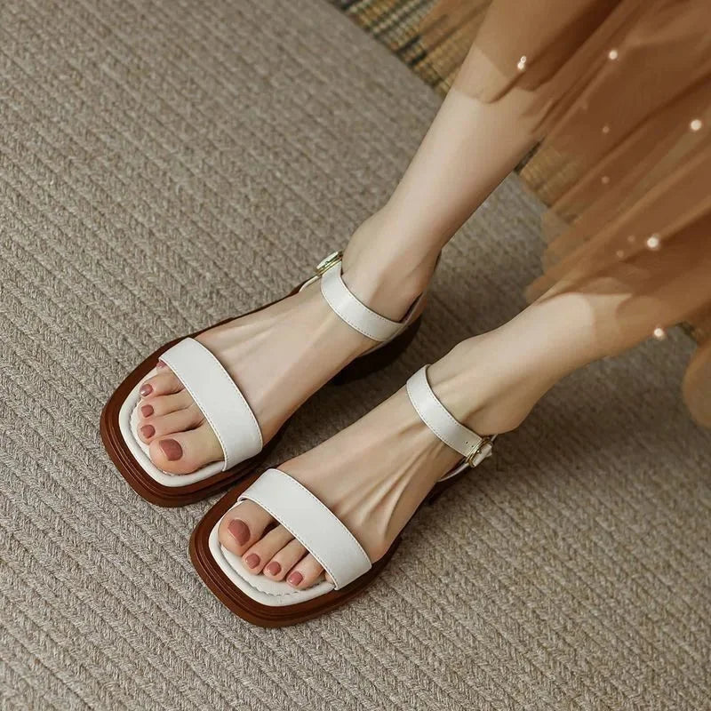 Women's vegan leather chunky platform sandals with ankle strap buckle