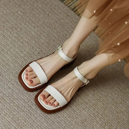 Women's vegan leather chunky platform sandals with ankle strap buckle