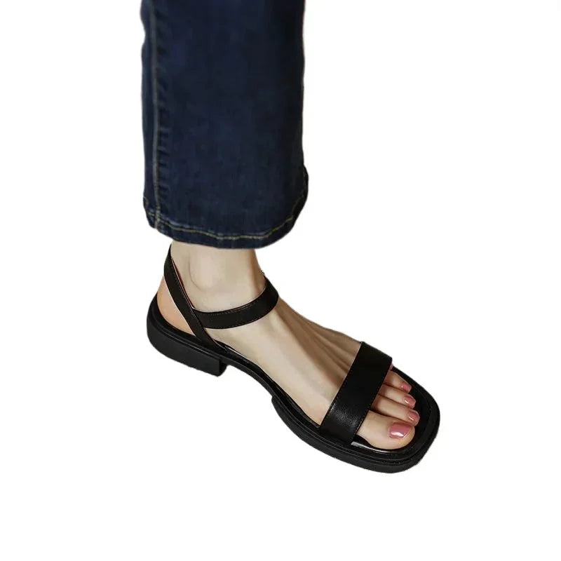 Women's vegan leather chunky platform sandals with ankle strap buckle