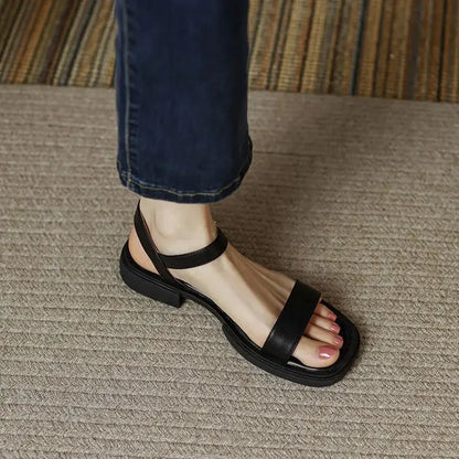 Women's vegan leather chunky platform sandals with ankle strap buckle – Black