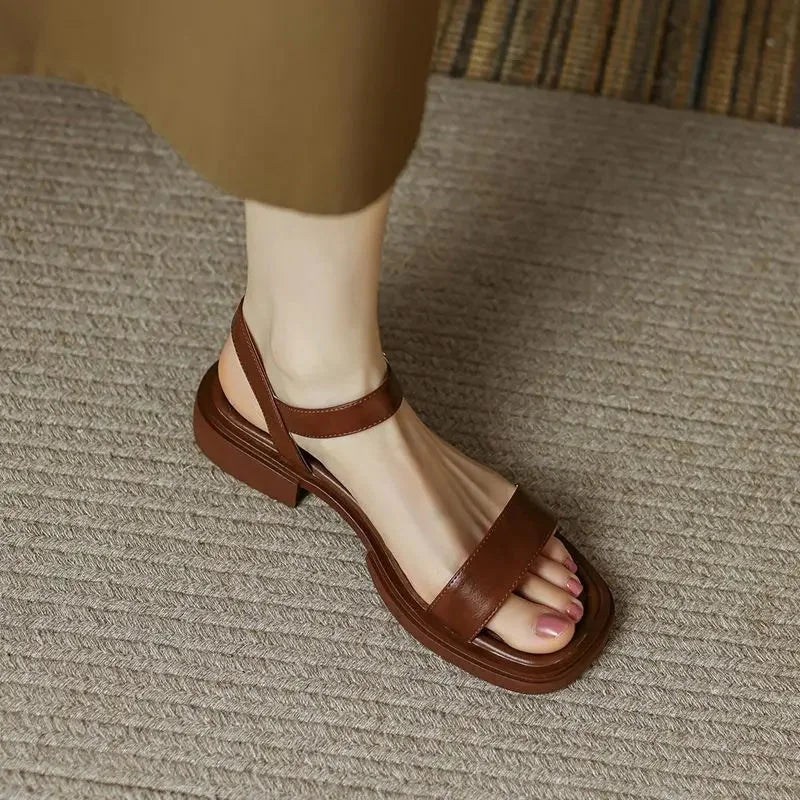 Women's vegan leather chunky platform sandals with ankle strap buckle – Brown