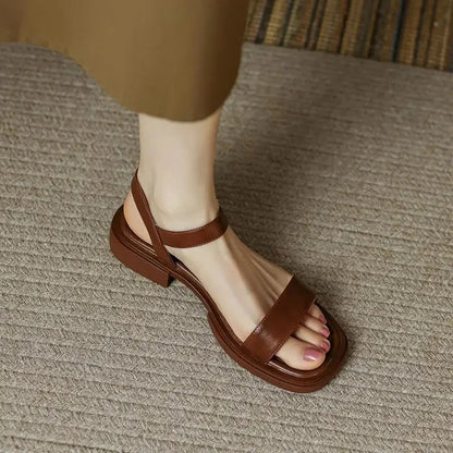Women's vegan leather chunky platform sandals with ankle strap buckle – Brown