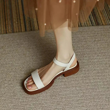 Women's vegan leather chunky platform sandals with ankle strap buckle – White