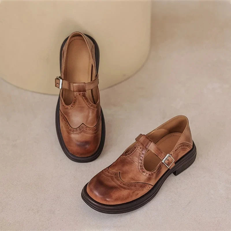 Women's vegan leather Mary-Jane sandals with buckle strap and brogue details