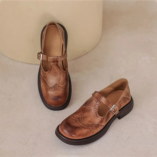 Women's vegan leather Mary-Jane sandals with buckle strap and brogue details