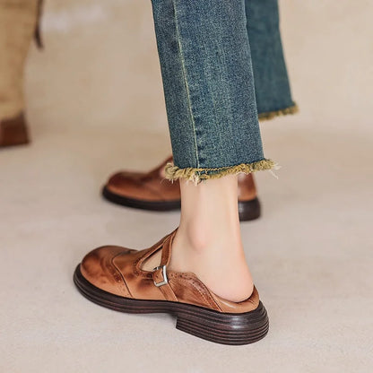 Women's vegan leather Mary-Jane sandals with buckle strap and brogue details