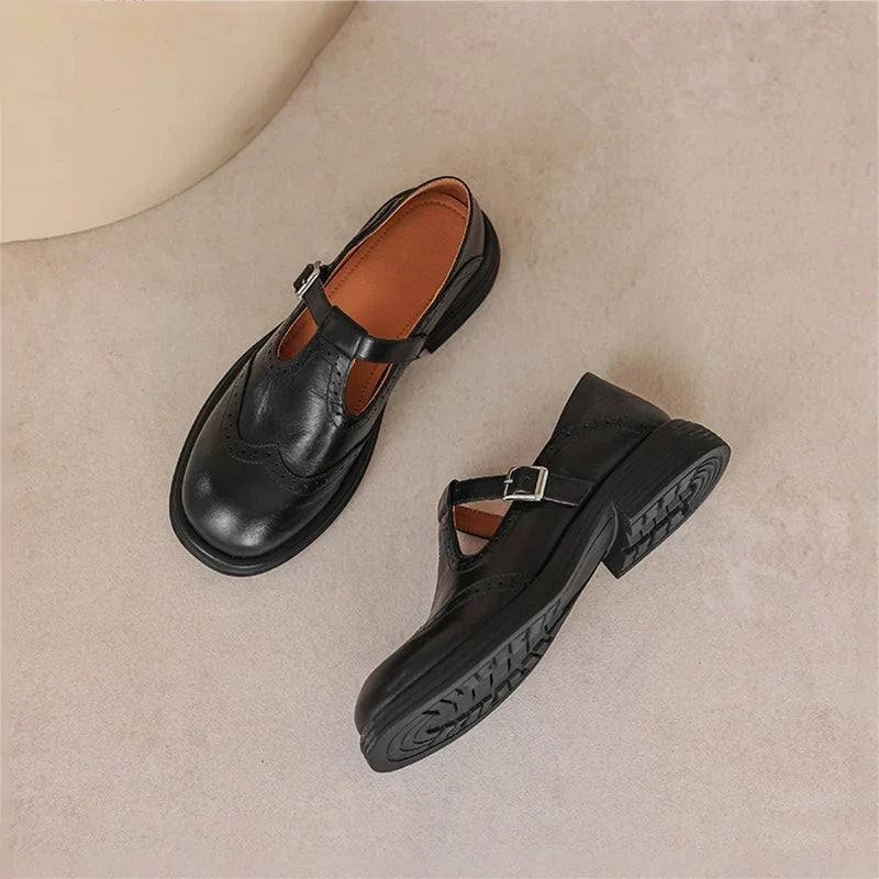 Women's vegan leather Mary-Jane sandals with buckle strap and brogue details