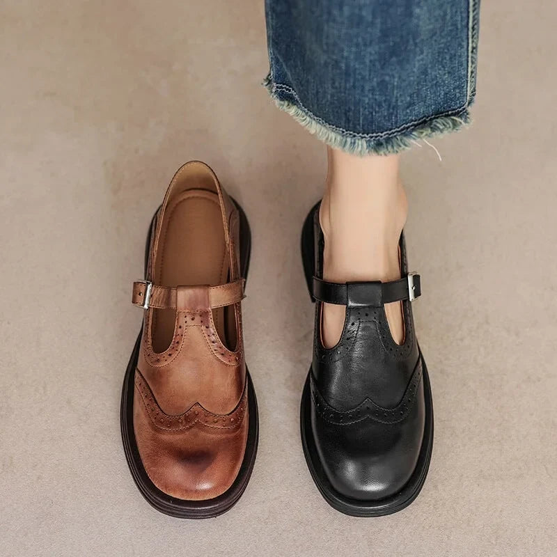 Women's vegan leather Mary-Jane sandals with buckle strap and brogue details