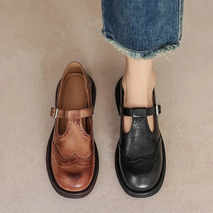 Women's vegan leather Mary-Jane sandals with buckle strap and brogue details