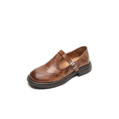 Women's vegan leather Mary-Jane sandals with buckle strap and brogue details – Brown
