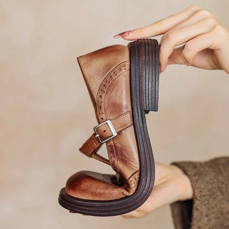Women's vegan leather Mary-Jane sandals with buckle strap and brogue details