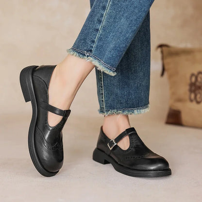 Women's vegan leather Mary-Jane sandals with buckle strap and brogue details