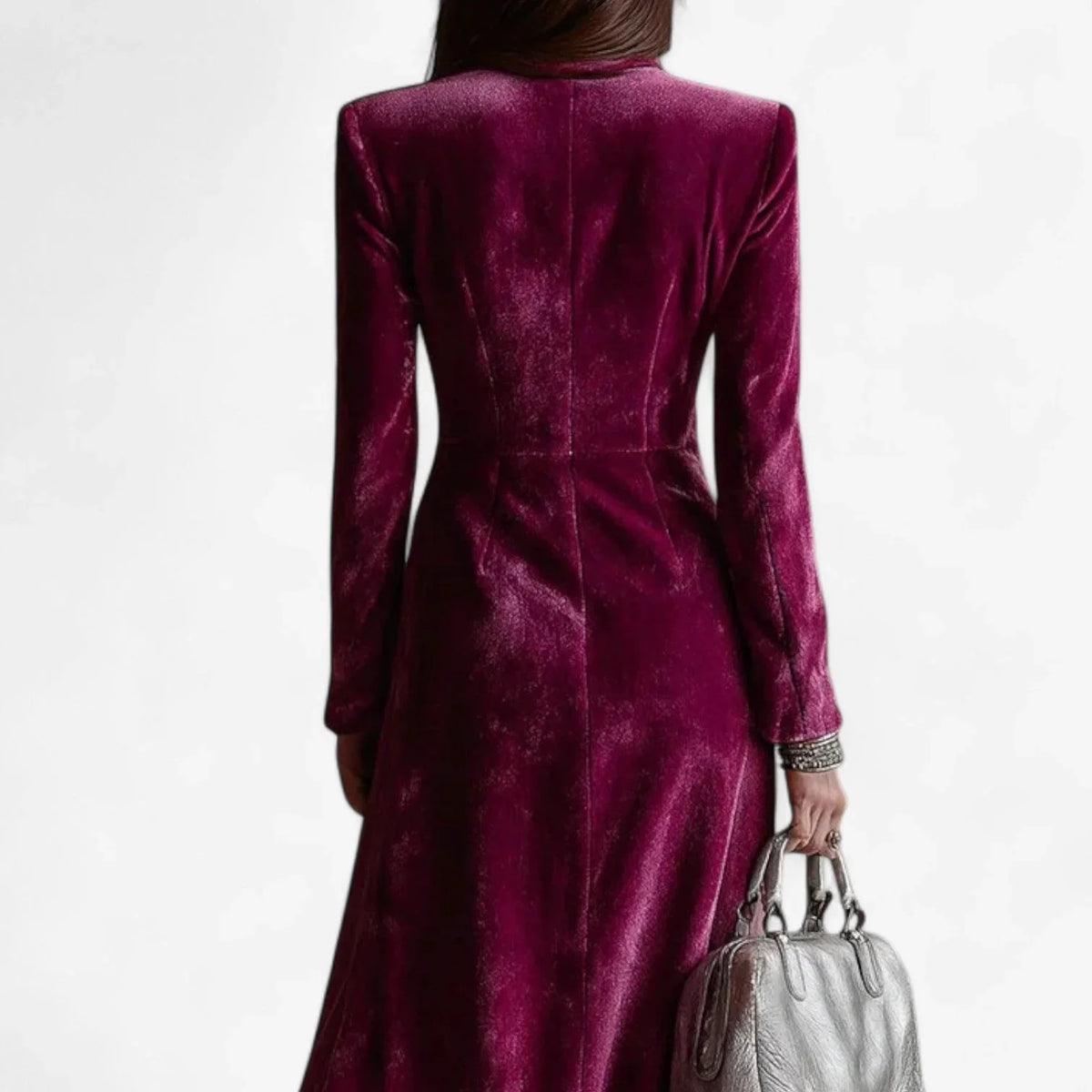 Women's velvet double-breasted midi dress with lapel collar and side slit – Magenta