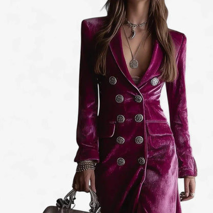 Women's velvet double-breasted midi dress with lapel collar and side slit – Magenta