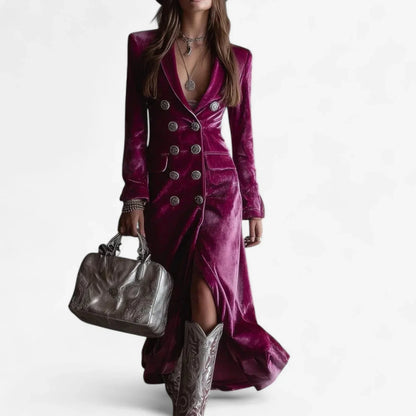 Women's velvet double-breasted midi dress with lapel collar and side slit – Magenta