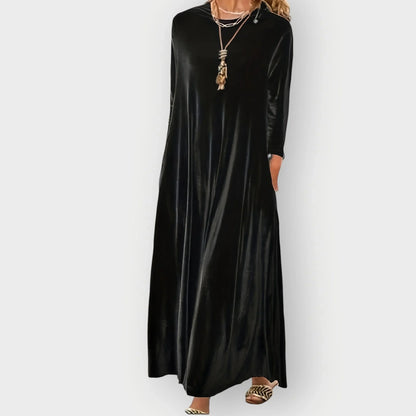Women's velvet flowy maxi dress with long sleeves and round neck – Black