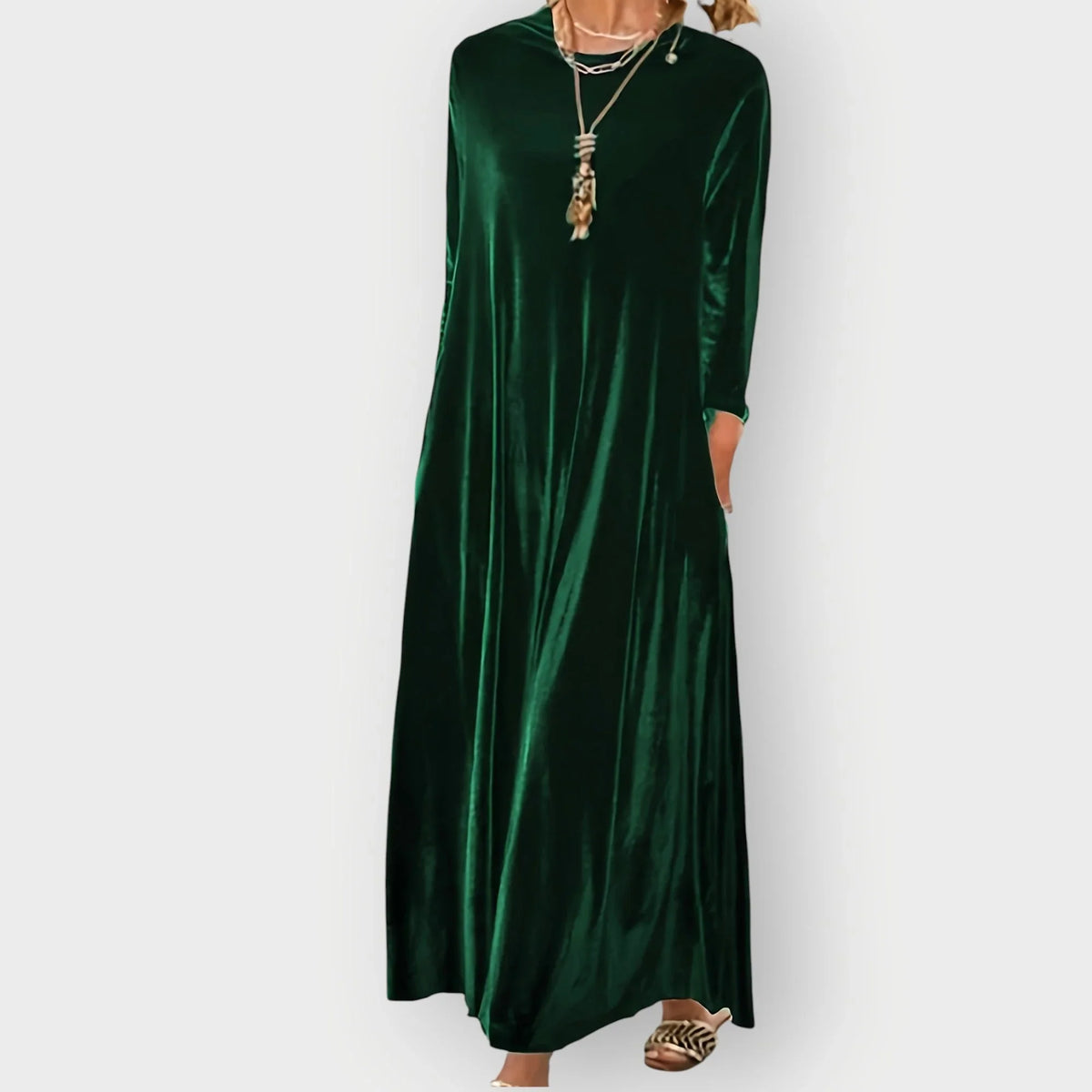Women's velvet flowy maxi dress with long sleeves and round neck – Dark Green