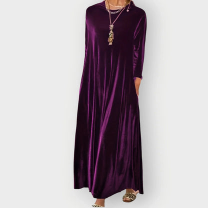 Women's velvet flowy maxi dress with long sleeves and round neck – Purple