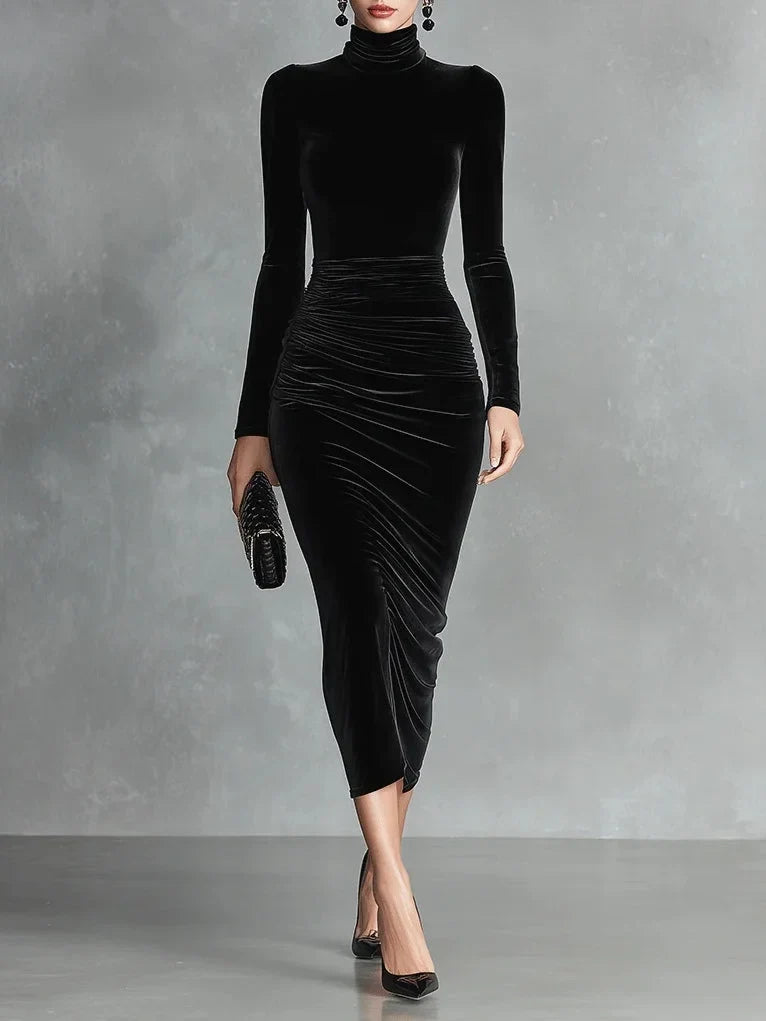 Women's velvet high-neck long-sleeve bodycon midi dress with ruched detail – Black