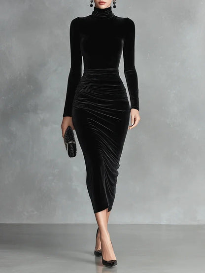 Women's velvet high-neck long-sleeve bodycon midi dress with ruched detail – Black