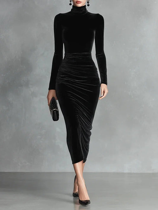 Women's velvet high-neck long-sleeve bodycon midi dress with ruched detail – Black
