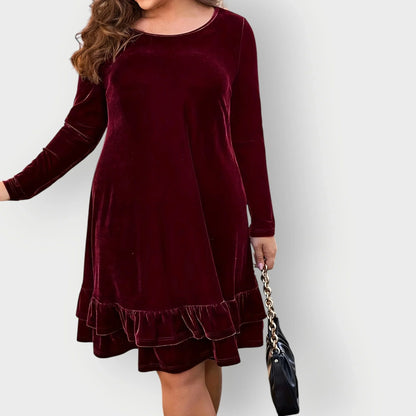 Women's velvet long-sleeve midi dress with round-neck and ruffled hem