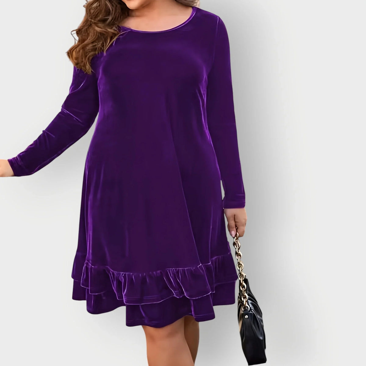 Women's velvet long-sleeve midi dress with round-neck and ruffled hem