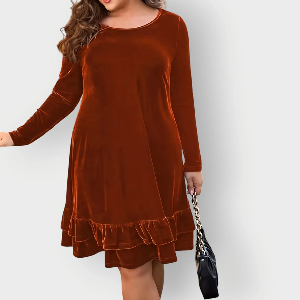 Women's velvet long-sleeve midi dress with round-neck and ruffled hem