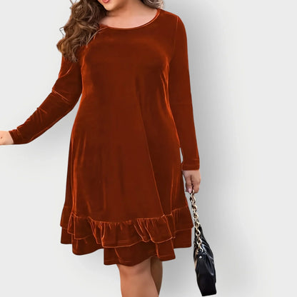 Women's velvet long-sleeve midi dress with round-neck and ruffled hem