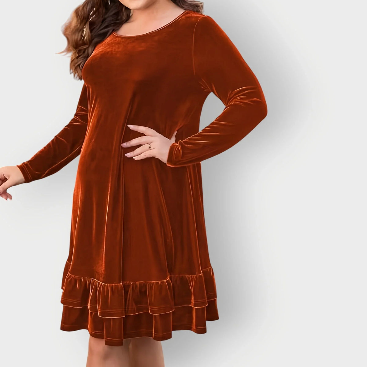 Women's velvet long-sleeve midi dress with round-neck and ruffled hem – Bronze