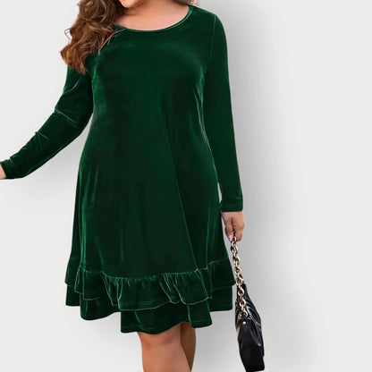 Women's velvet long-sleeve midi dress with round-neck and ruffled hem