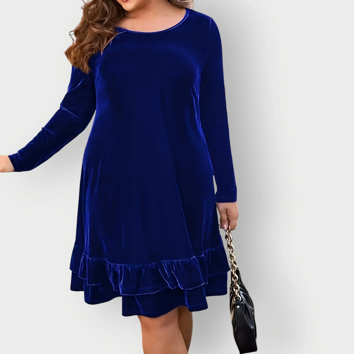 Women's velvet long-sleeve midi dress with round-neck and ruffled hem