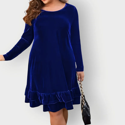 Women's velvet long-sleeve midi dress with round-neck and ruffled hem