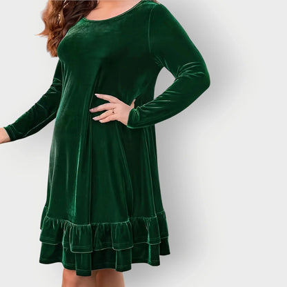 Women's velvet long-sleeve midi dress with round-neck and ruffled hem – Green