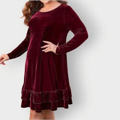 Women's velvet long-sleeve midi dress with round-neck and ruffled hem – Red