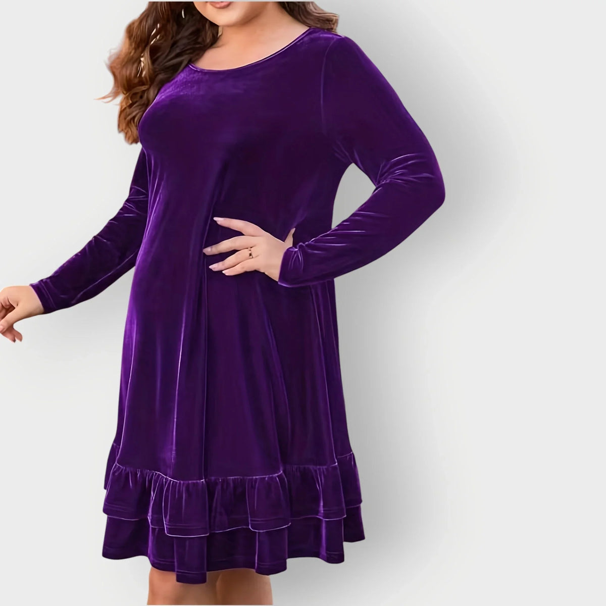 Women's velvet long-sleeve midi dress with round-neck and ruffled hem – Violet