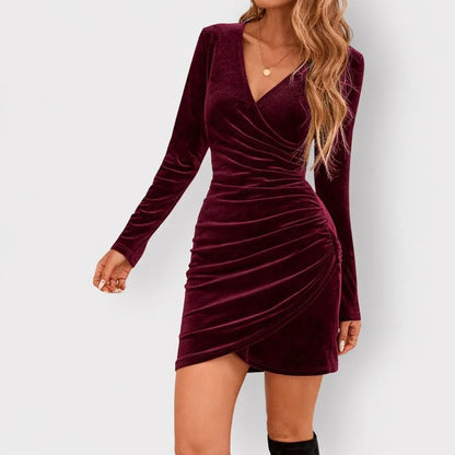 Women's velvet party long-sleeve mini dress with V-neck and ruched wrap-front – Red