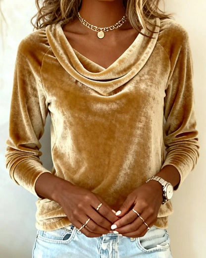 Women's velvet relaxed-fit top with drape-neck long-sleeves