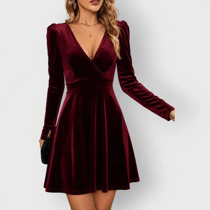 Women's velvet skater mini dress with V-neck and puff-sleeves