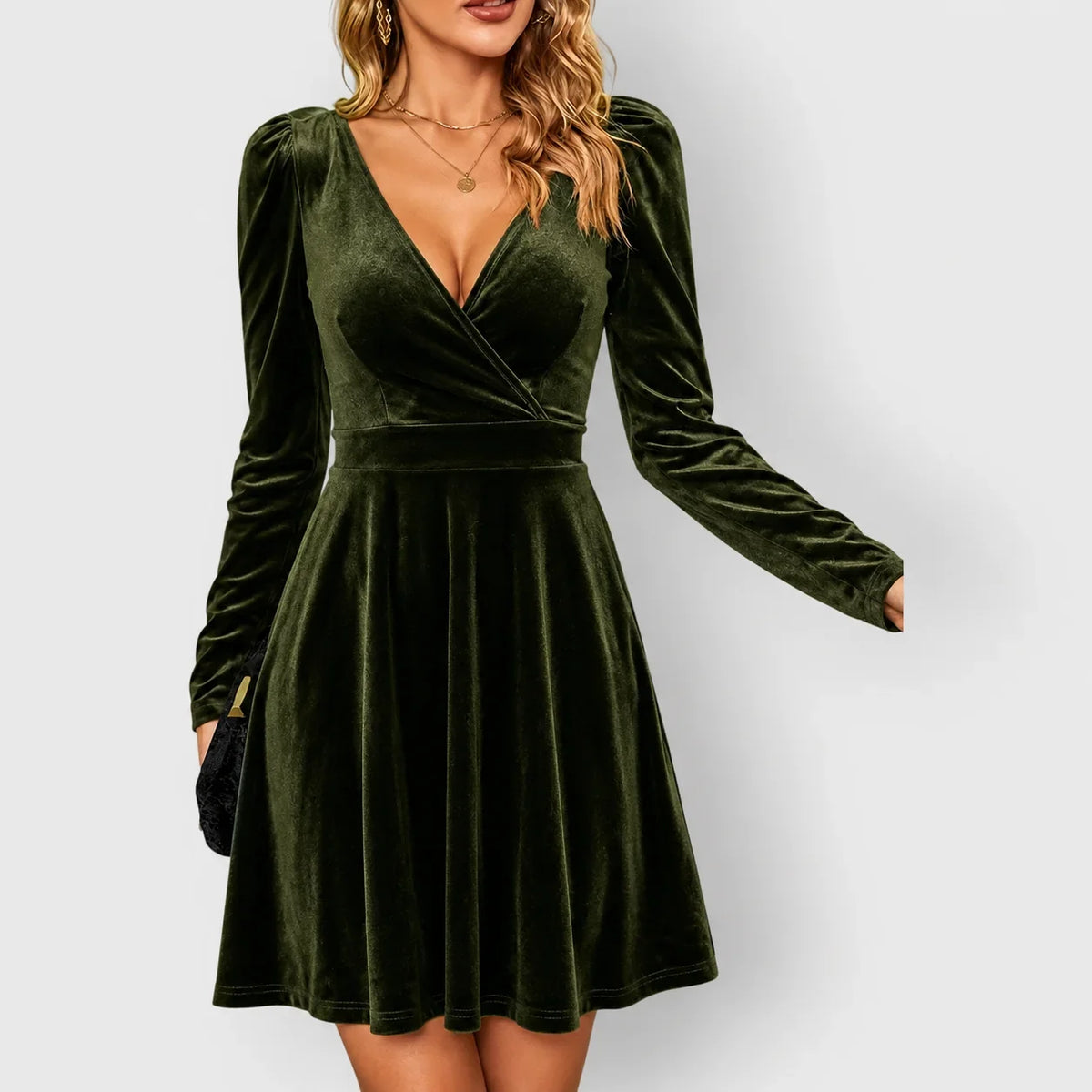 Women's velvet skater mini dress with V-neck and puff-sleeves
