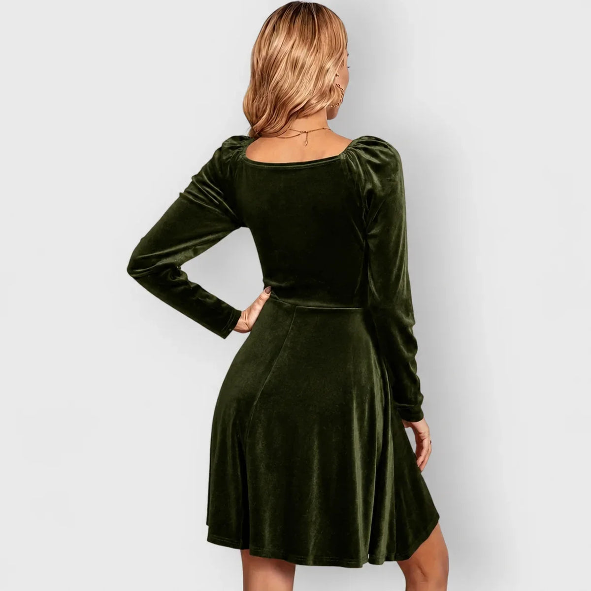 Women's velvet skater mini dress with V-neck and puff-sleeves