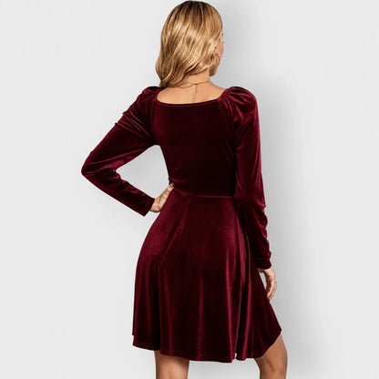 Women's velvet skater mini dress with V-neck and puff-sleeves
