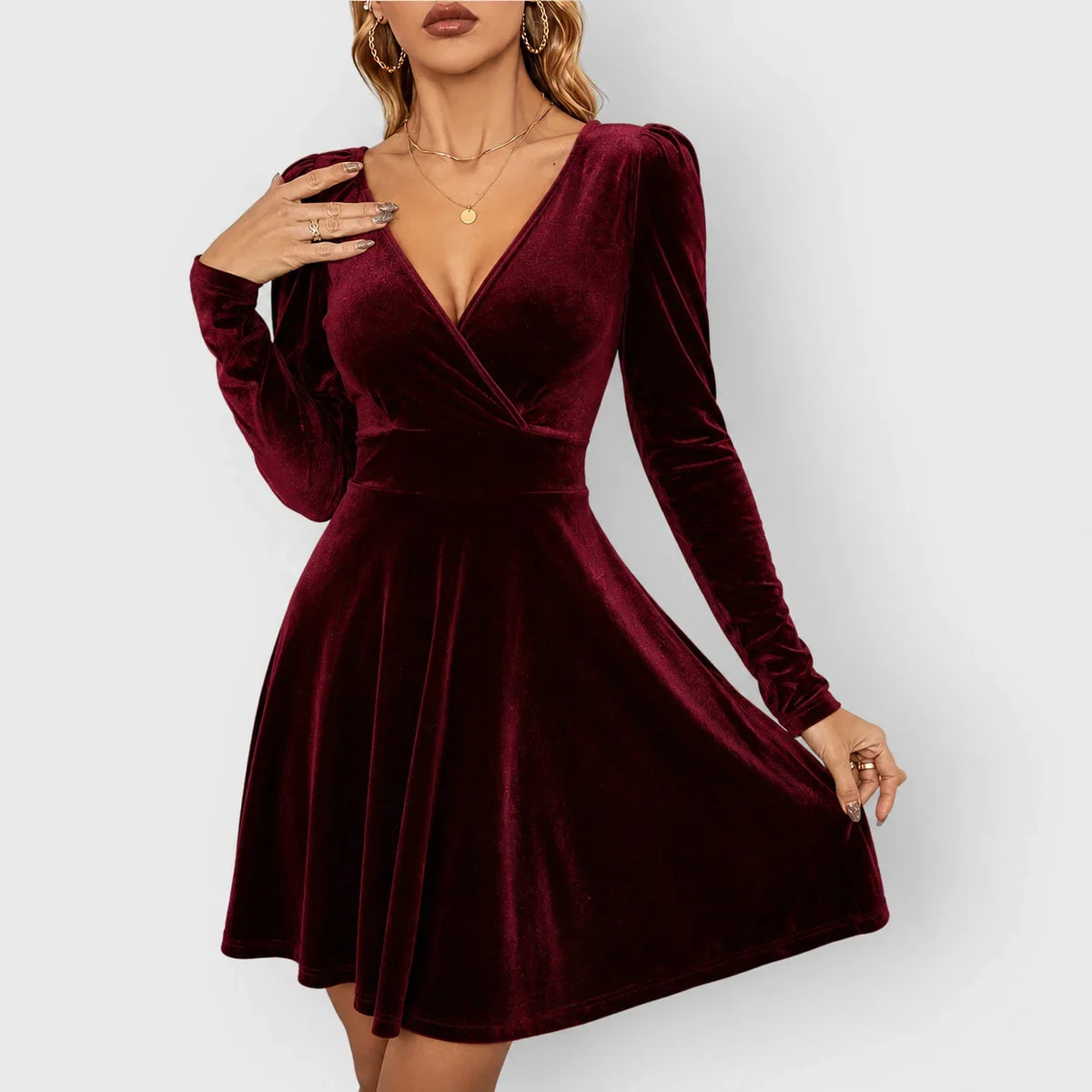 Women's velvet skater mini dress with V-neck and puff-sleeves – Red