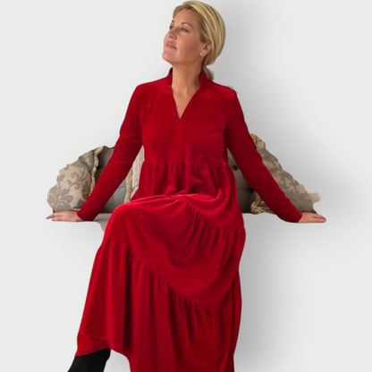 Women's velvet tiered midi dress with V-neck and long-sleeve design – Red