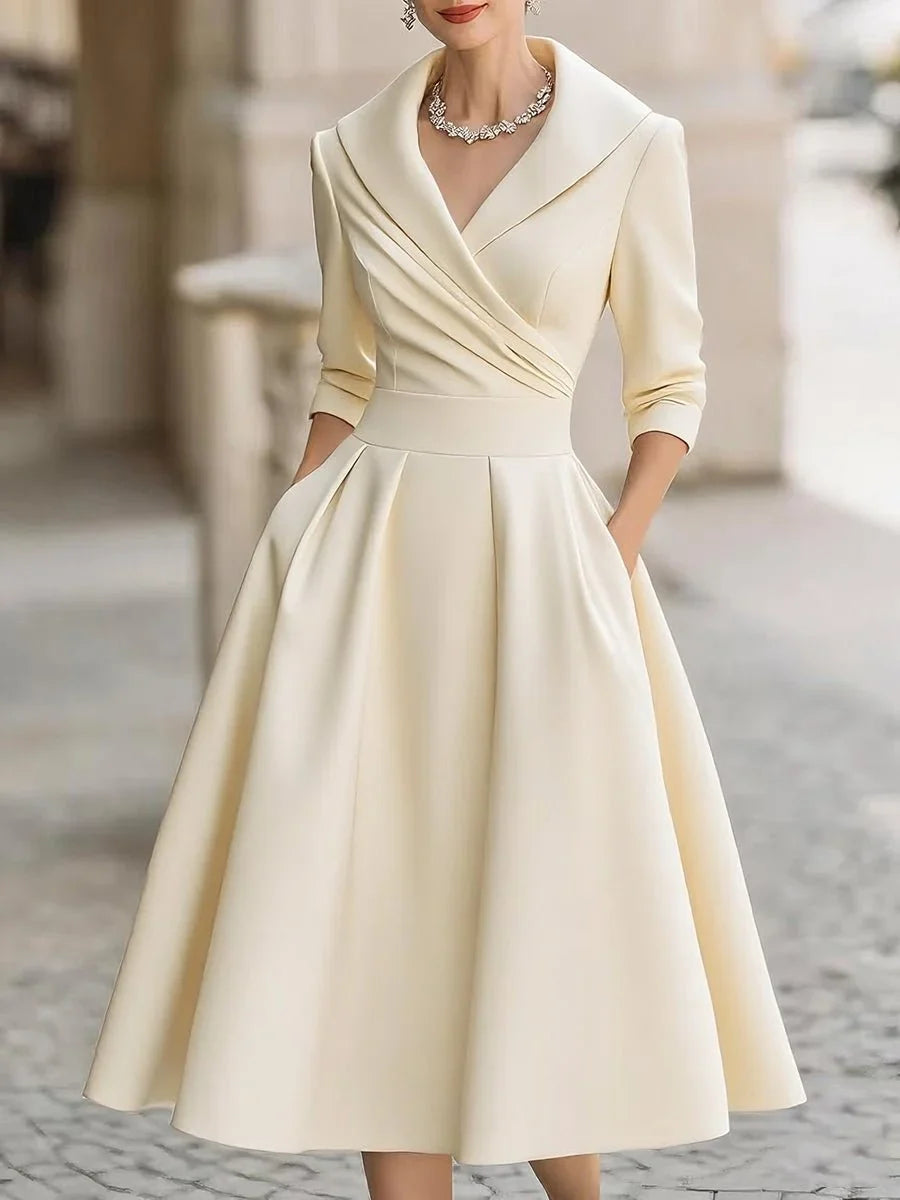 Women's vintage A-line wrap cocktail party dress midi pleated skirt – Beige