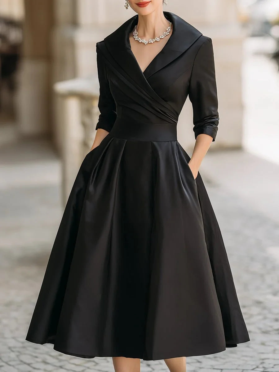 Women's vintage A-line wrap cocktail party dress midi pleated skirt – Black