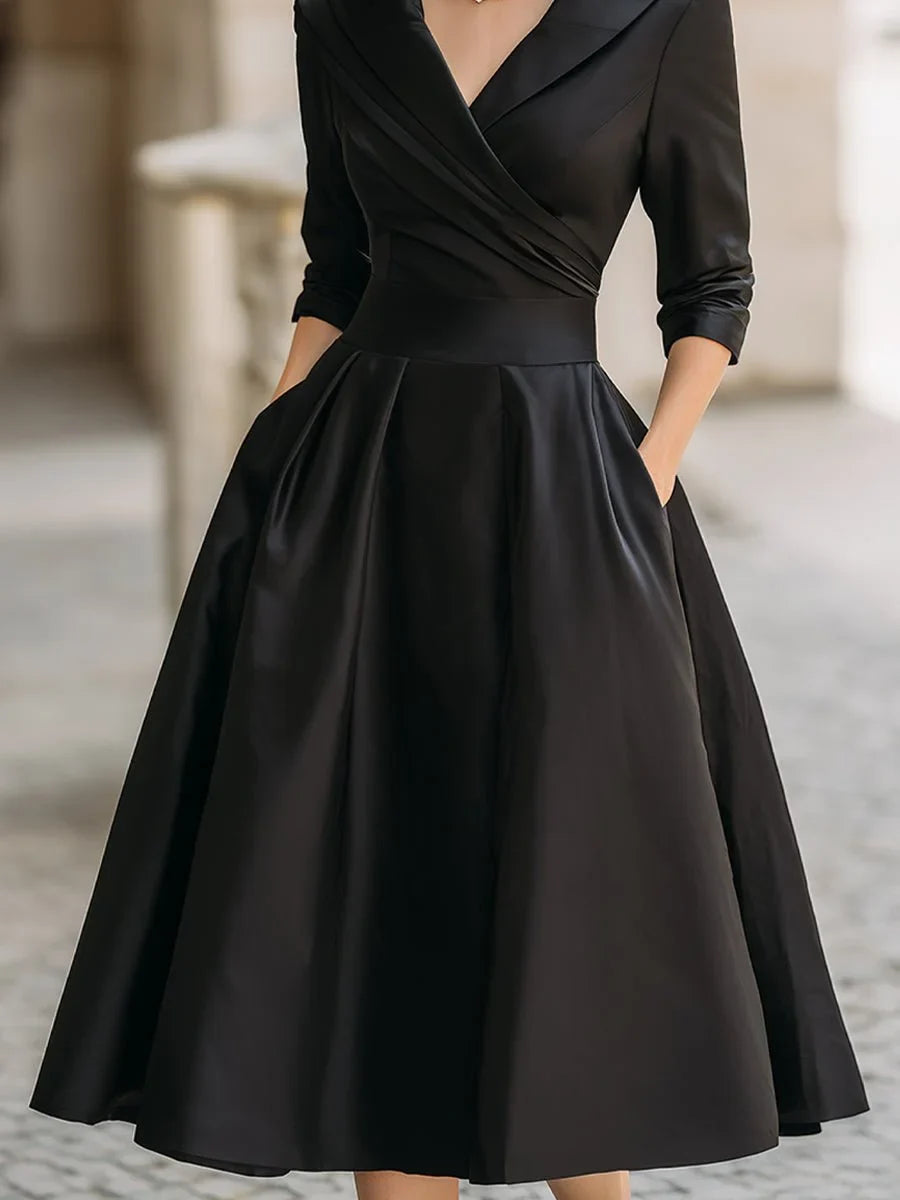 Women's vintage A-line wrap cocktail party dress midi pleated skirt