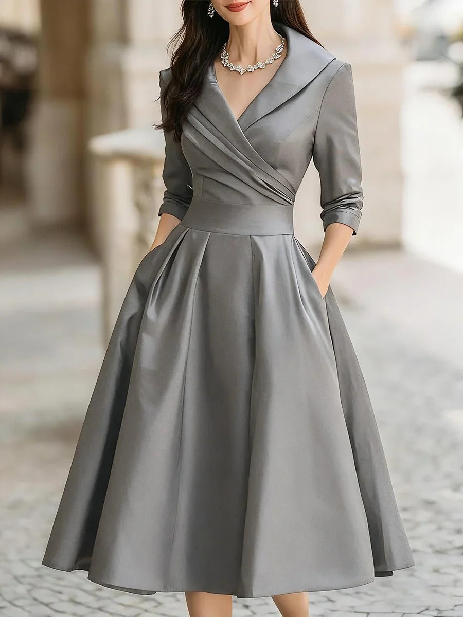 Women's vintage A-line wrap cocktail party dress midi pleated skirt – Gray